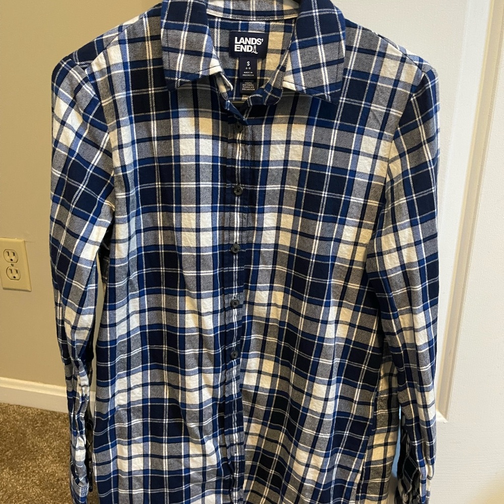 Lands' End Women's Navy and White Plaid Button Down Shirt